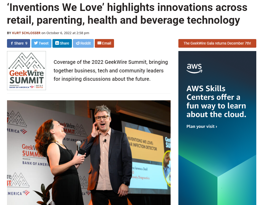 GeekWire article with title: "Inventions We Love highlights innovations across retail, parenting, health and beverage technology"
